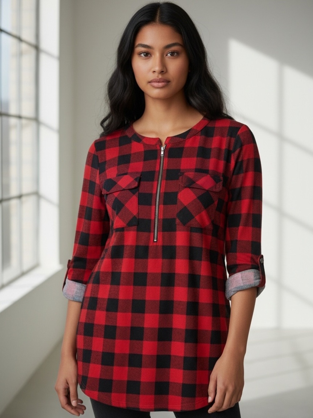 Women's Nursing M Red and Black Buffalo Plaid Zip-Front Tunic Top